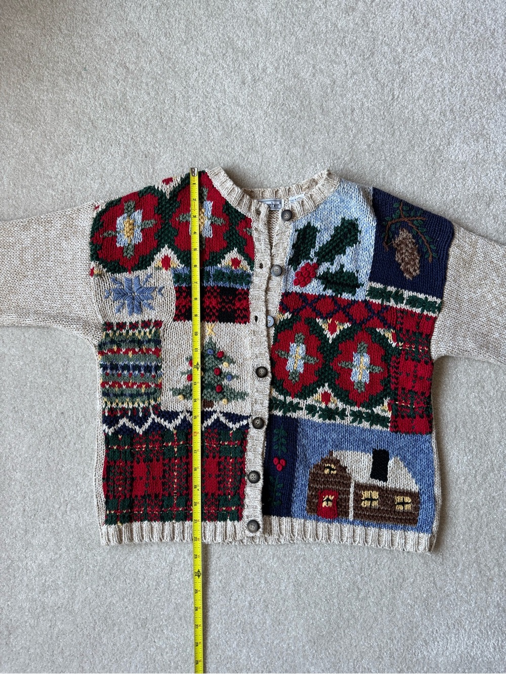 Vintage-Inspired Red & Cream Holiday Patchwork Button-Front Sweater - Picture 4 of 5